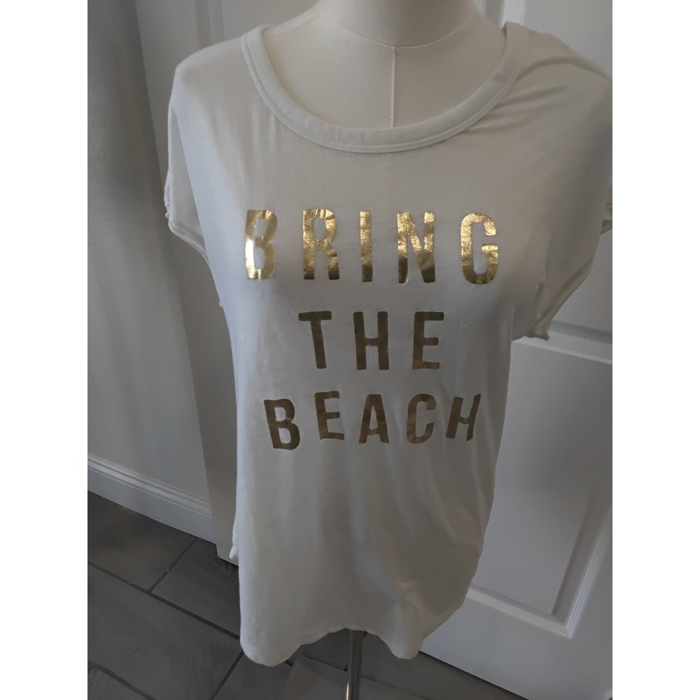Aerie Real Soft Tee White Gold Foil Bring The Beach Graphic T-Shirt Small